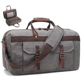 Duffle Bag for Men Waterproof Genuine Leather Canvas Travel Duffel Bags for Women Overnight Weekender Bag for Traveling, Grey