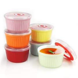 Ramekins with Lids 8 Oz - Set of 6, Ceramic Souffle Creme Brulee Ramekins with Covers, Colorful Custard Cups for Baking, Ramekins Oven Safe and Dishwash Safe