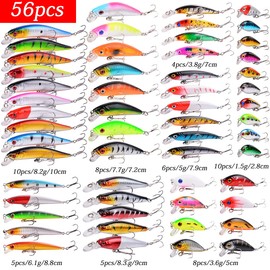 Aorace 56pcs Fishing Lures Large Hard Bait Minnow VIB Lure with Treble Hook Life-Like Swimbait Fishing Bait Popper Crankbait Vibe Sinking Lure for Bass Trout Walleye Redfish