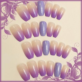 24Pcs Purple Gradient Medium Coffin Press on Nails with Clear Nude Design, Glossy Purple Glitter False Nails Gel Glue on Nails, Sparkly Manicure Art Acrylic Fake Nails Stick on Nails for Women Girls