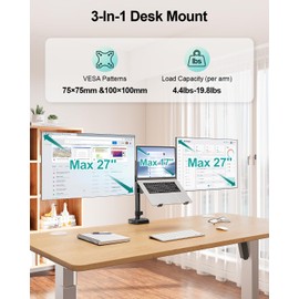 MOUNT PRO Monitor and Laptop Mount for 2 Max 27" Computer Screens, Laptop Tray Fits 10-17inch Notebook, 3-in-1 Adjustable Laptop and Monitor Desk Mount with VESA Bracket 75/100mm