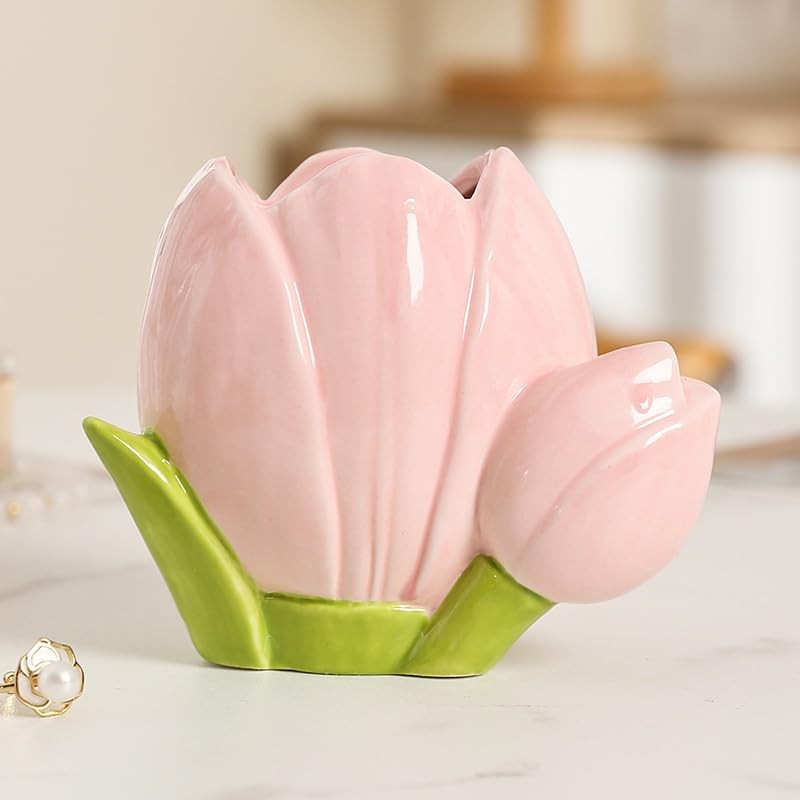 Hosoncovy Ceramic Tulip Makeup Brush Organizer Pot Makeup Brush Holder