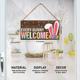 Easter Bunny Sign Wood Decor, Easter Welcome Sign Front Door Decorations for Home Porch Patio Easter Egg Hanging Sign Wall Decor, Every Bunny Welcome