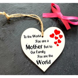 ANLEMIN Wooden Hanging Sign, Gifts for mom, Heart mom Gifts Ornaments for Birthday, Mother's Day, to The World You are A Mother Plaque Presents from Son Daughter, for mom