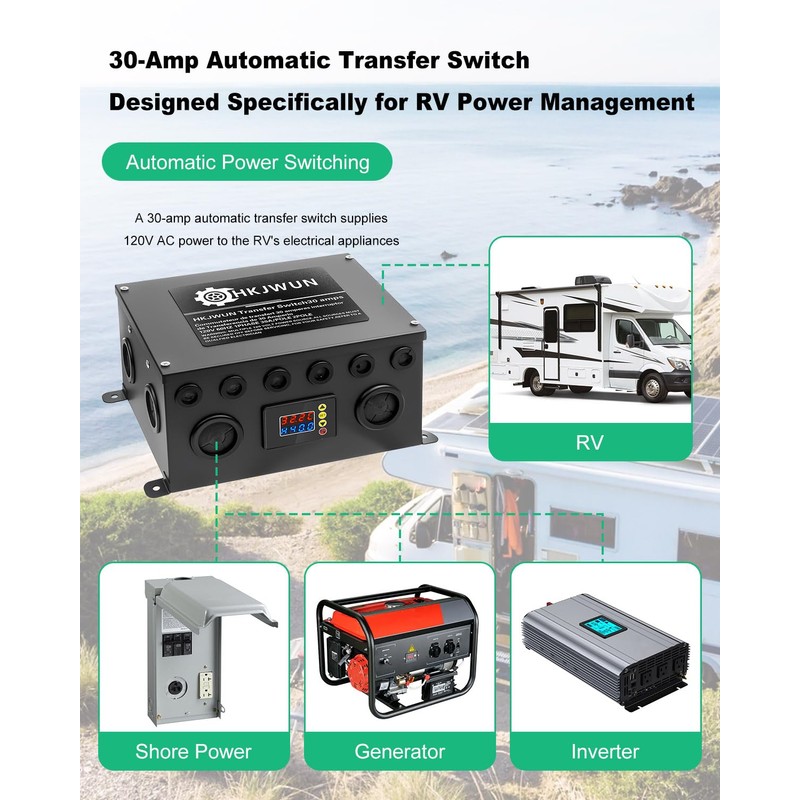 30 Amp Transfer Switch for RV, Metal Housing with Adjustable