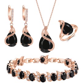 EVER FAITH Bridal Teardrop Cubic Zirconia Jewelry Sets for Bride Bridesmaid, Glamour Pendant Necklace Earrings Tennis Bracelet Open Ring Set for Women Black Rose Gold-Tone