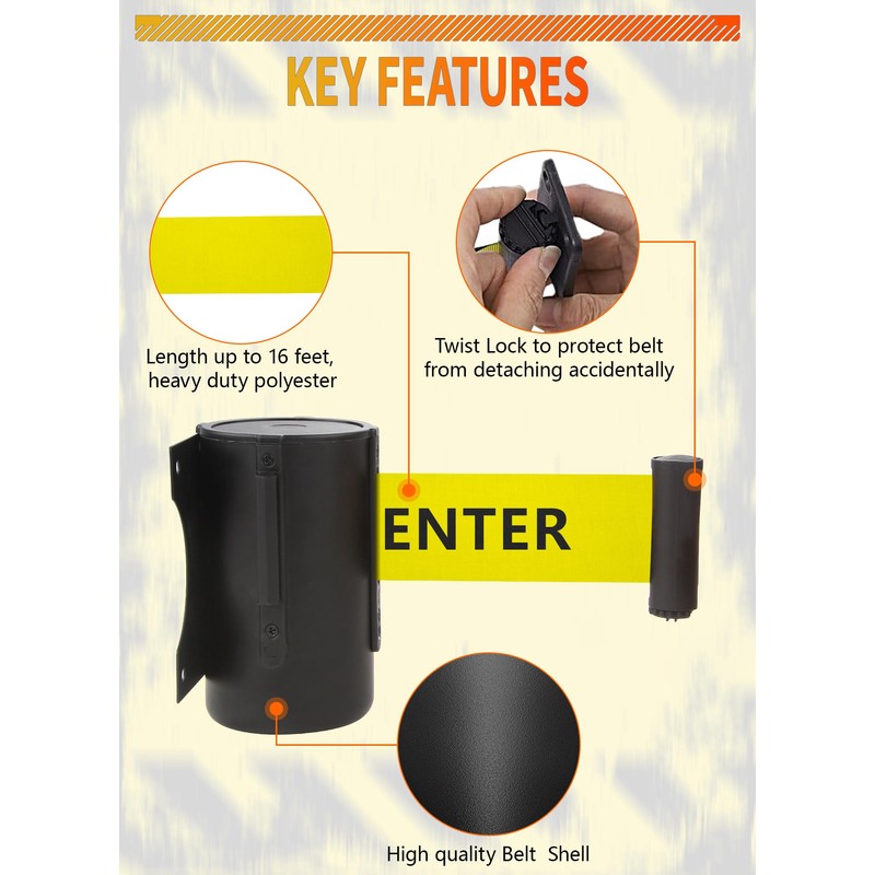 Wall Mount Retractable Barrier Belt, 16 Ft Crowd Control Retractable