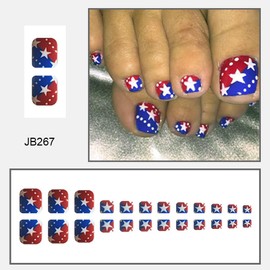 Independence Day Press on Toenails Short Square Fake Toe Nails Star False Toenails Blue Red Full Cover Glue on Toenails Toe Press on Nails 4th of July Stick on Toenails for Women Manicure 24Pcs
