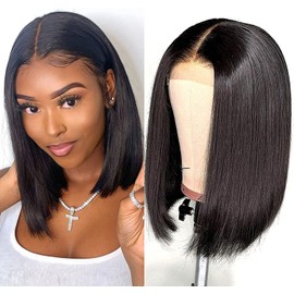 Straight 4x4 Lace Frontal Human Hair Wig Natural Brazilian Wig for Women 14 Inch Natural Women's Wig Lace Bob Wig Human Hair Natural Short Smooth Colour Black