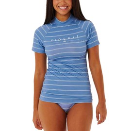 RIP CURL Womens Golden Rays Short Sleeve UV Rash Vest Top - Blue White - UV Sun Protection and SPF Properties