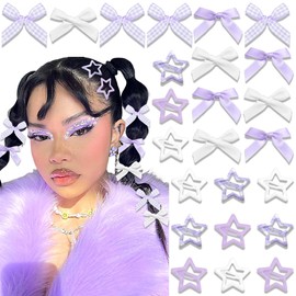 STGDAK 24Pcs Mini Hair Bows For Women Girls Cute Star Hair Clip Ribbon Bows Kawaii Star Snap Barrettes Plaid Small Ribbon Bow Alligator Clip Purple Ribbons Bow Barrette Satin Hair Pins Y2k Accessories