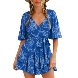 Relipop Women's Summer Romper Floral V Neck Short Sleeve Waist Tie Knot Ruffle Hem Short Casual Rompers Jumpsuits