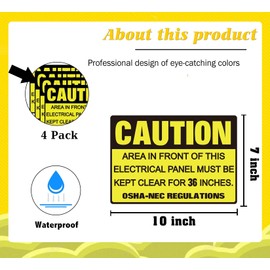 4 Pack Safety Signs"Caution Area in Front of This Electrical Panel Must Be Kept Clear for 36 Inches" Sign OSHA Labels 7" x 10" Self Adhesive Vinyl Do Not Block Electrical Panel Floor Decal Stickers