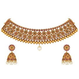 Aheli Antique Gold Tone Choker Necklace Jhumki Earrings Set Studded with Faux Stones Indian Wedding Fashion Jewelry Gift for Women