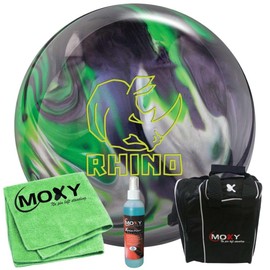 Bowlerstore Products Brunswick Rhino Carbon/Lime/Silver Pearl Bowling Ball | Moxy Strike Black Bowling Bag | Moxy Green Micro Fiber Towel | Moxy Xtreme Power Cleaner Package 14lbs