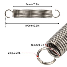 GUNGY Extension Spring 100mm Tension Spring With Dual Hook in 304 Stainless Steel OD 16mm Wire Diameter 2mm Max Load 8.8KG 2x16x100mm 2 Pieces