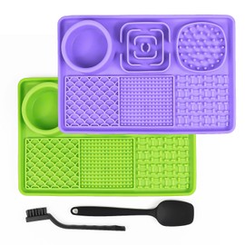 JSXZWOO 2PCS Lick Mat for Dogs, Dog Lick Mat with Suction Cups for Anxiety Relief, Comes with 1 Spatula and 1 Brush, Purple & Green