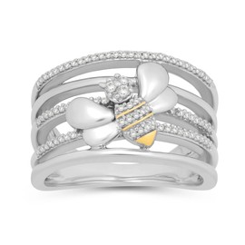 Jewelili Sterling Silver and 10K Yellow Gold 1/5 Cttw Natural White Round Diamonds Bee Band Ring, Size 7