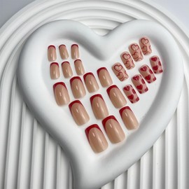 French Tip Press on Nails Short Square Fake Nails Red Acrylic Nails with Heart Design Stick on Nails Artificial Full Cover Glossy Red Glue on Nails for Women Girls Valentine's Day Manicure 24pcs
