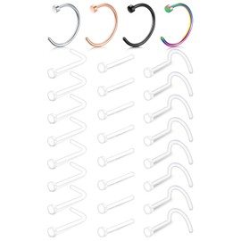 D.Bella 20G Clear Nose Stud Flexible Acrylic Clear Bone L Shaped Nose Rings Stud Screw & Stainless Steel Flat Top L-Shape C Shape Nose Piercing Jewerly