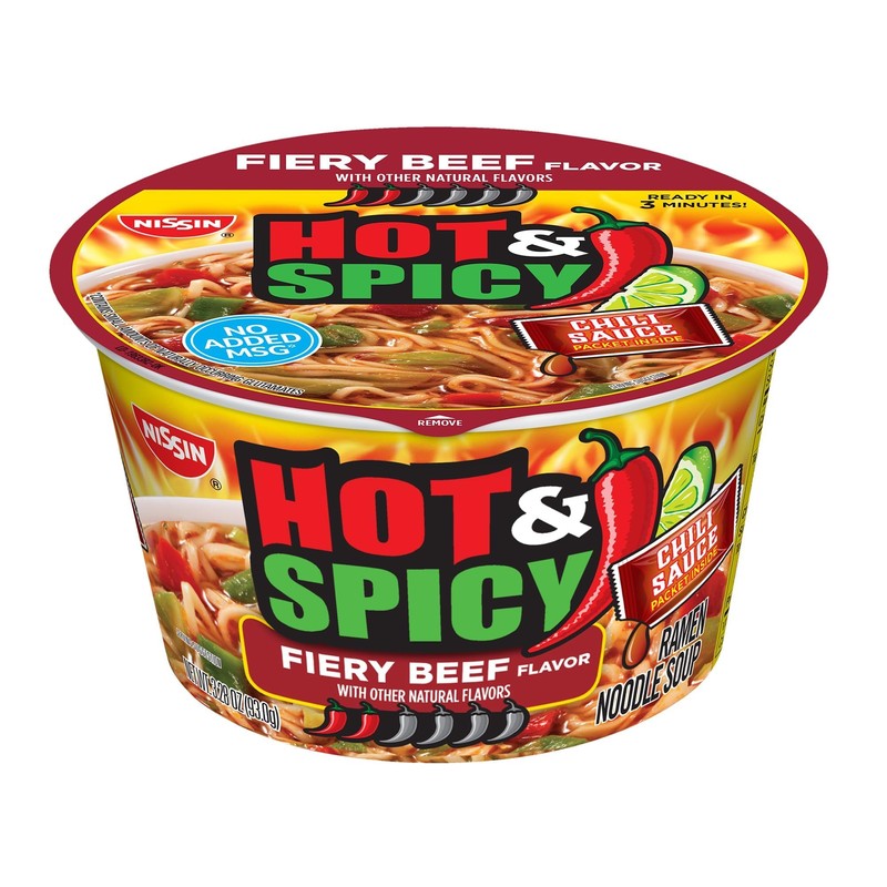 Nissin Hot & Spicy Ramen Noodle Soup, Fiery Beef, 3.28