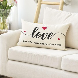RLCMO Love Our Life Our Story Our Home Throw Pillow Cover Words Character 12 x 20 Inch Linen for Sofa Couch Waist Pillowcase Decoration Room Home Decor Car Cushion Cover Seat Cushion