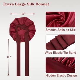 Silk Bonnet For Sleeping Women - Double Layer Satin Bonnet With Tie For Curly Hair, Luxury Hair Bonnet Large Size Sleeping cap 2PCS Burgundy Red