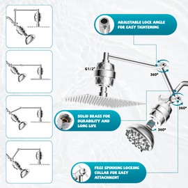 Filtered Shower Head Combo, 10" High Pressure Dual Rainfall Shower Head with 7-Setting Fixed Shower, 16" Adjustable Foldable Shower Extension Arm, 20 Stage Shower Filter, Chrome