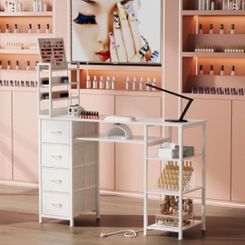 NinPeen Manicure Table Nail Desk for Nail tech with Drawers and Power Outlet,Nail Beauty Table with Storage and Open Shelves for Home,Workshop,Makeup Beauty Salon Workstation (White)