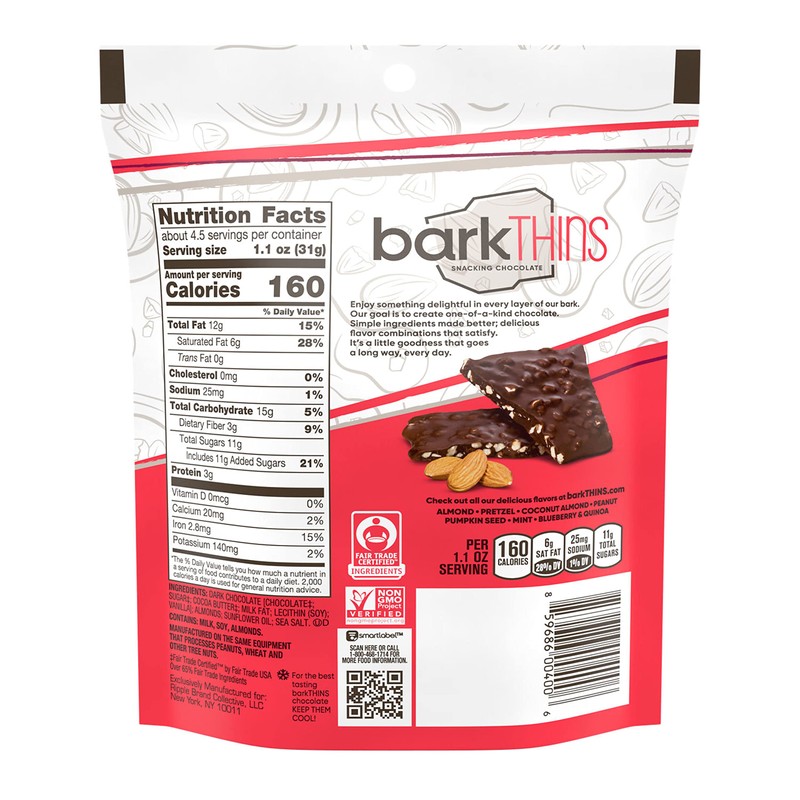 barkTHINS Dark Chocolate, Almond and Sea Salt Snacking Chocolate Bags,