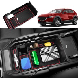 Coleya Centre Console Storage Box Compatible with Mazda CX-30 2019-2024, Mazda CX 30 Accessories Armrest Organiser, CX-30 Centre Armrest Glove Box with Non-Slip Mat (Red)