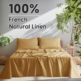 SONORO KATE 100% French Pure Linen Sheets, Breathable and Durable Line King Size Sheets, Anti-Tear Line Bed Sheets, Machine Washable, 16 Inch Deep Pocket - 4 Piece (Rust, King)