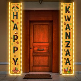 Happy Kwanzaa Banner with Lights Kwanzaa Hanging LED Banner Kwanzaa Welcome Porch Sign African Heritage Holiday Decoration for Party Celebration Decor Supplies Home Indoor Outdoor Door, 71 x 12 Inch