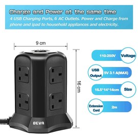 Tower Extension Lead, Vertical Power Strip with 6 sockets and 4 USB Ports, BEVA Multi Plug Charging Station with 2M Extension Cord for Home, Office, Black