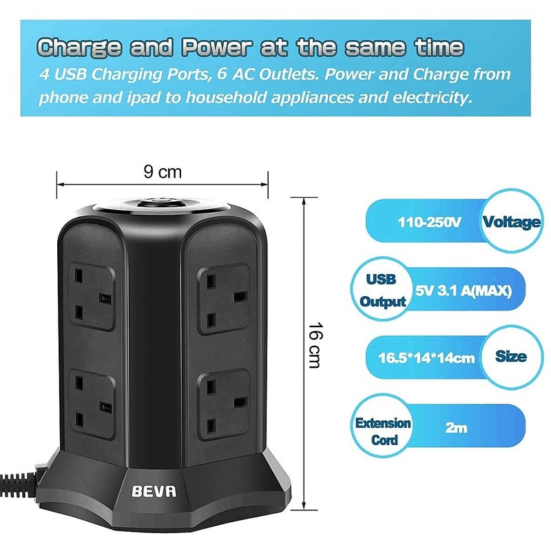 Tower Extension Lead, Vertical Power Strip with 6 sockets and