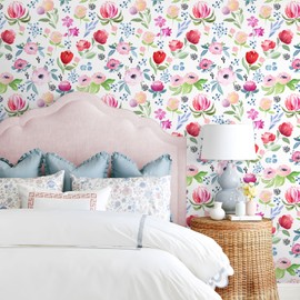 VEELIKE Watercolor Pink Floral Peel and Stick Wallpaper Pink Floral Wallpaper for Bedroom Nursery Bathroom 17.7''x354'' Removable Floral Wall Mural Wallpaper Self Adhesive Contact Paper for Cabinets