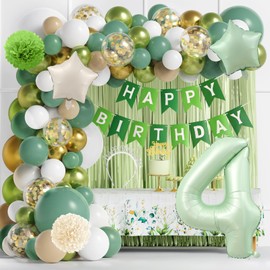 SOOXII141pcs birthday balloons kits 4th birthday balloons Sage Green Birthday Party Decorations happy birthday banner With headband fringe curtain for Girls Women Birthday(4th)