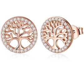 Jrêveinfini Tree of Life Earrings Women's 925 Sterling Silver Stud Earrings with Gift Box Gift for Her Wife Girlfriend Mum Valentine's Day Christmas Mother's Day Diameter 12 mm, Sterling Silver Cubic