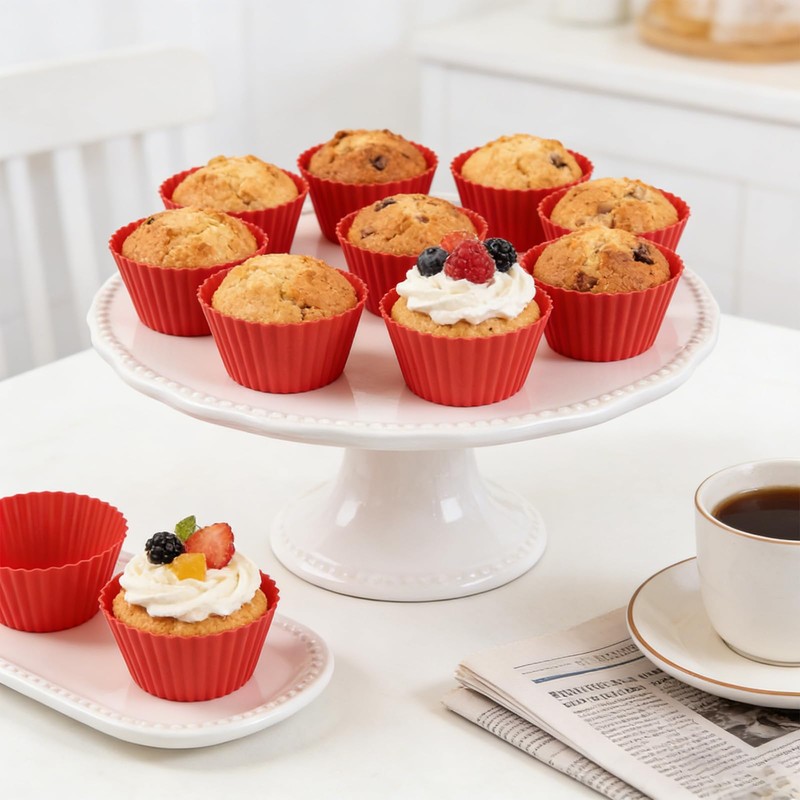 Silicone Muffin Cups Pans for Baking,Red Silicone Cupcake Liners 12PCS