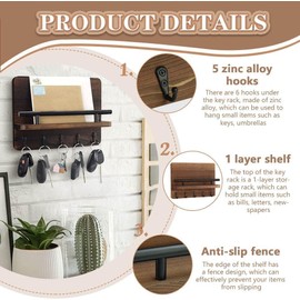 SPOWAY Porta Llaves Montado en la Pared, Portacorreos con 5 Ganchos, Perchero con Balda Mural, Organizador de Correo con Ganchos para Porches Llaves Decoración Rústica del Hogar para Entradas