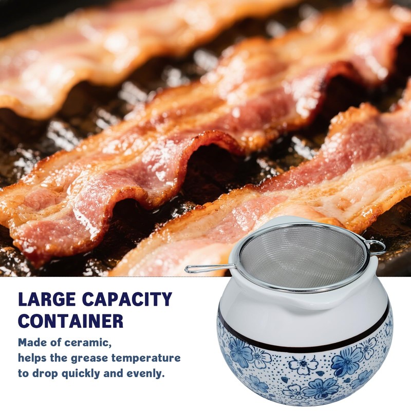 Caylielam 24oz Bacon Grease Saver with Handle and Strainer, Ceramic