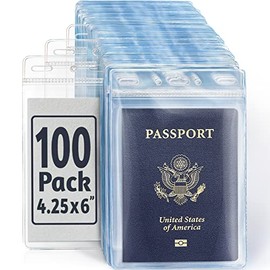 EcoEarth Passport & Vaccine Card Holders (Clear, 4x6 Inch, 100 Pack), Extra Large Vertical ID Holder, Zipperless Plastic Name Badge Holders