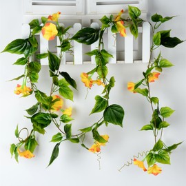 Fake Morning Glory Hanging Plants, Artificial Vines Silk Flowers Faux Ivy Plastic Greenery Garland Plant for Home Garden Yard Wall Fence Stairway Wedding Party Basket DIY Decoration Orange 2 Pack