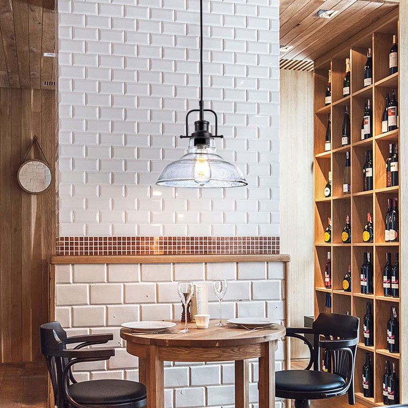 Zlepmlla Glass Pendant Light，Black Pendant Light Fixtures with Seeded Glass