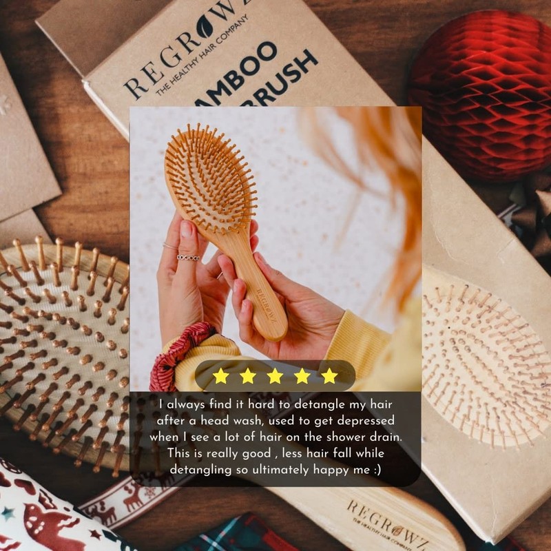 Regrowz Bamboo Paddle Hairbrush with Round Bristles - Detangle Hair