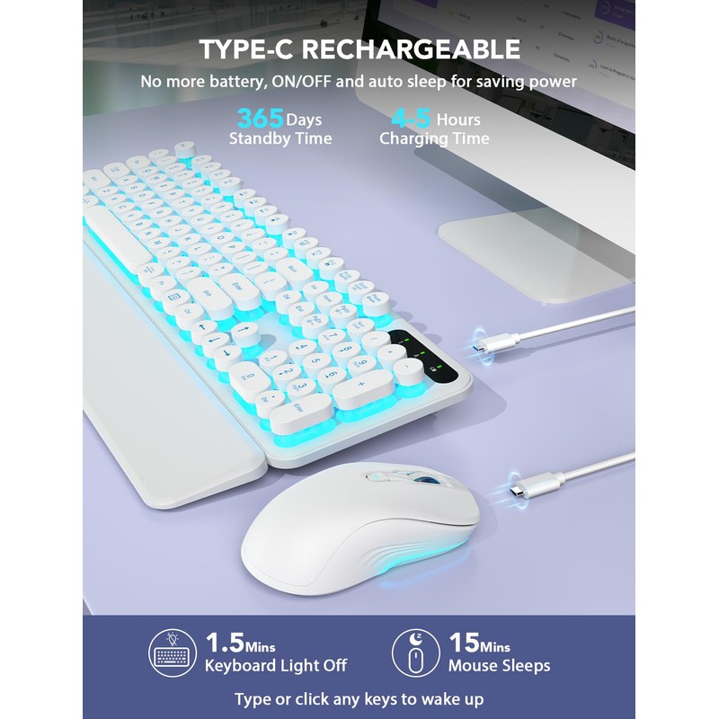 Wireless Keyboard and Mouse Backlit - Typewriter Keyboard with Retro