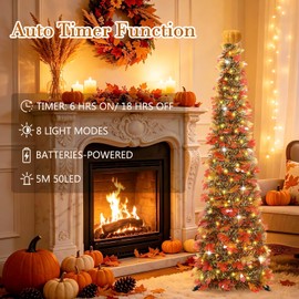 5 FT Pop Up Fall Tree with Timer Lights & Pumpkin, Collapsible Maple Leaves Tinsel Thanksgiving Tree for Home Office Apartment Porch Autumn Christmas Holiday Decoration