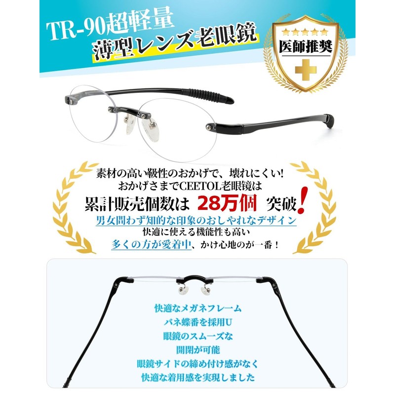 [CEETOL] 老眼鏡 縁なし メンズ レディース おしゃれ 超薄型レンズ ブルーライトカット UVカット 超弾力性