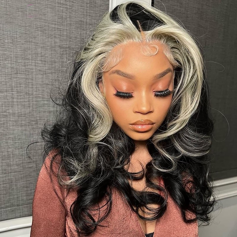 ANDRIA Short Wig Black with Blonde Streak Colorful Wavy Lace