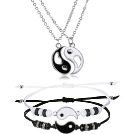 Set of 4 Yin Yang Necklace Bracelet Set Yin Yang Couple Bracelet Cord Couple Puzzle Pendant Necklace Chain Adjustable Cord BFF Partner Bracelet Friendship Chains for Boyfriend Girlfriend, Stainless